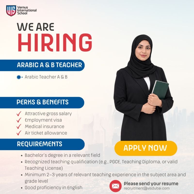 Vernus International School Hiring Arabic A & B Teacher – UAE - Flyer