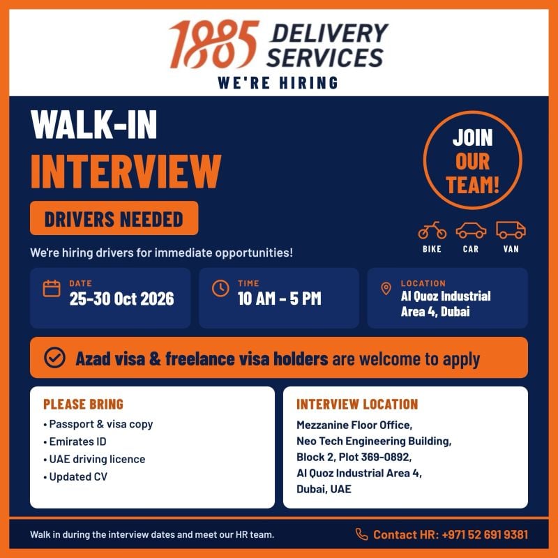 Delivery Driver walk-in interview at 1885 Delivery Services in Dubai