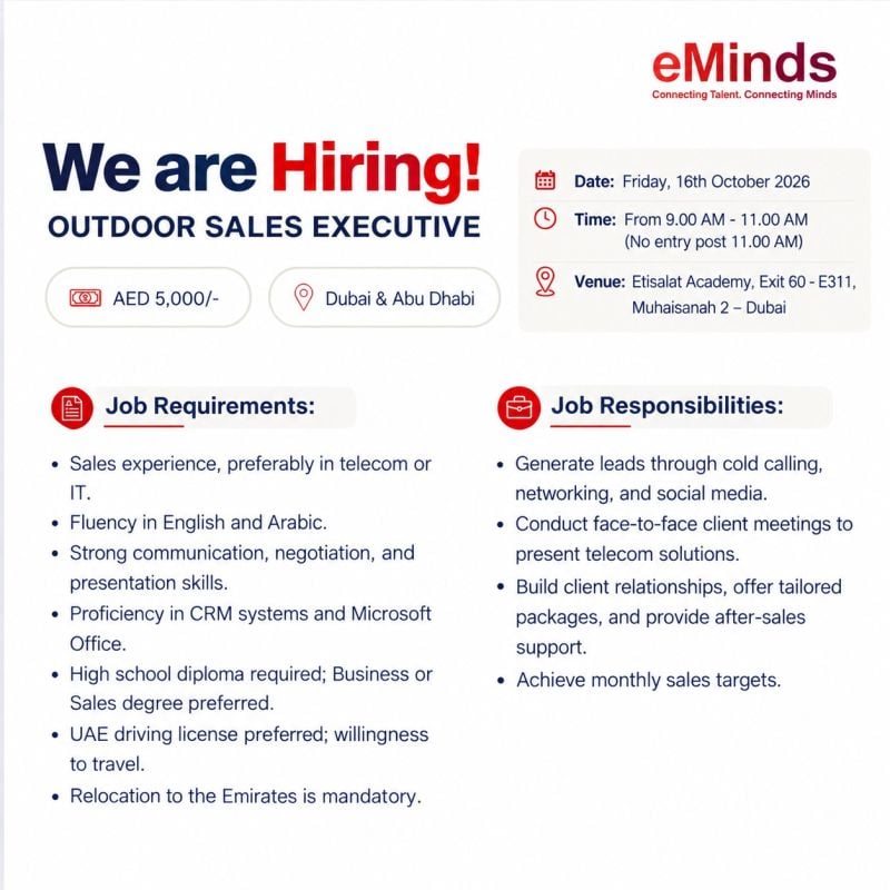 Outdoor Sales Executive walk-in interview at eMinds in Dubai & Abu Dhabi