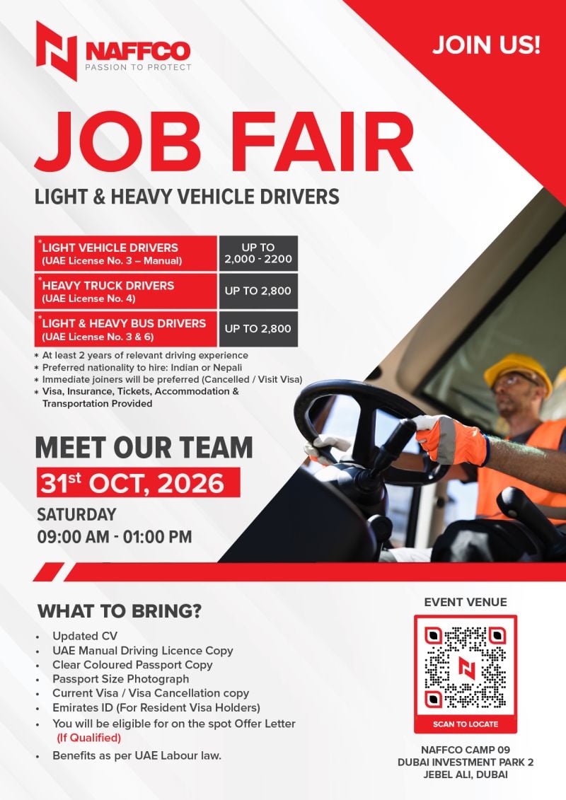 Vehicle Driver walk-in interview at NAFFCO in Dubai