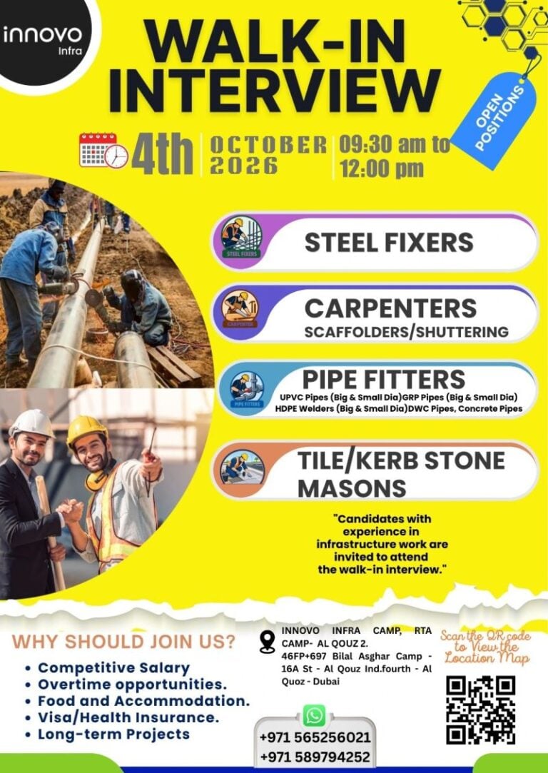 π Walk-In Interview - Innovo Infra Hiring Construction Workers β Dubai - Walk-In Interview Flyer