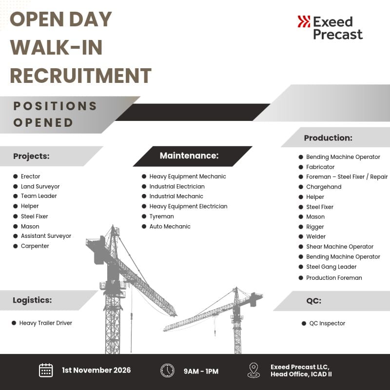 Production Foreman walk-in interview at Exceed Precast LLC in Abu Dhabi