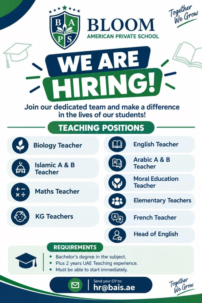 Bloom American Private School Hiring Teachers – UAE - Flyer