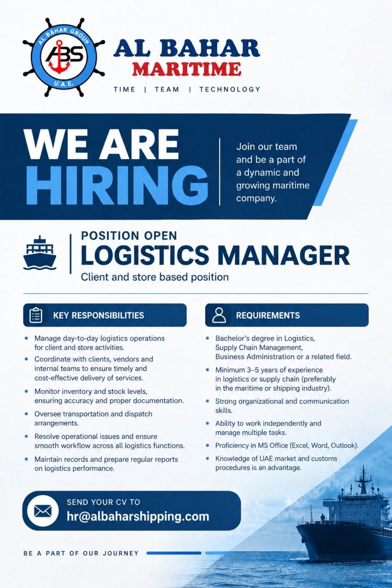 Logistics Manager job at Al Bahar Maritime in UAE