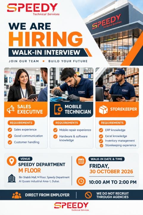 Storekeeper walk-in interview at SPEEDY TECHNICAL SERVICES in Dubai