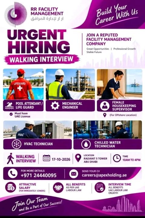 Facility Management Staff walk-in interview at RR Facility Management in Abu Dhabi