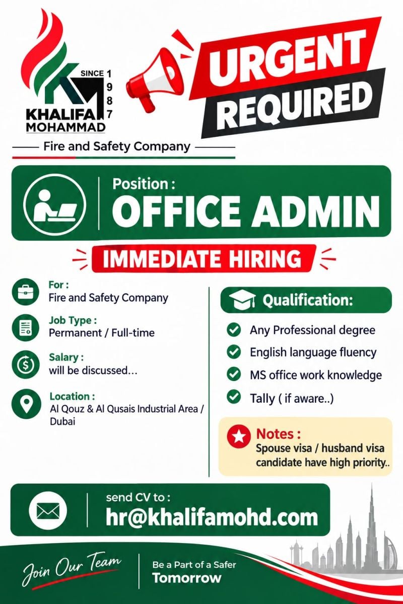 Khalifa Mohammad Fire and Safety Company Hiring Office Administrators β Dubai - Flyer