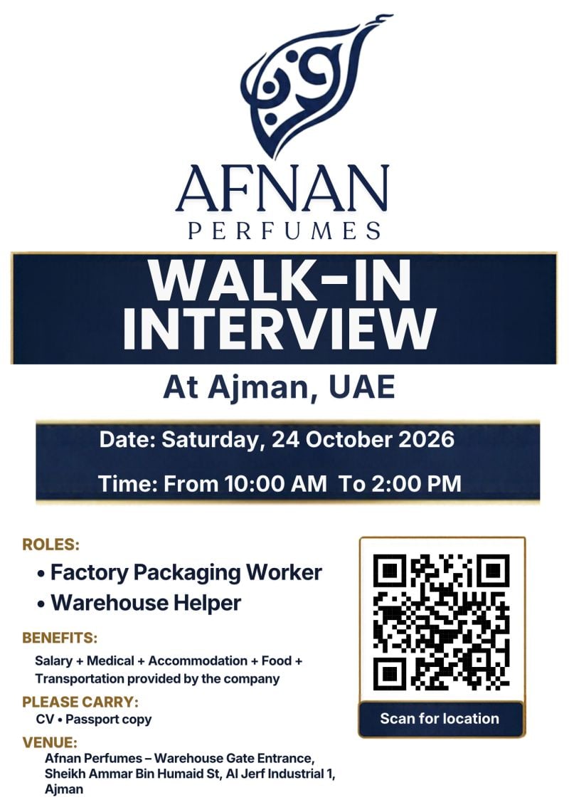 Factory Packaging Worker walk-in interview at Afnan Perfumes in Ajman