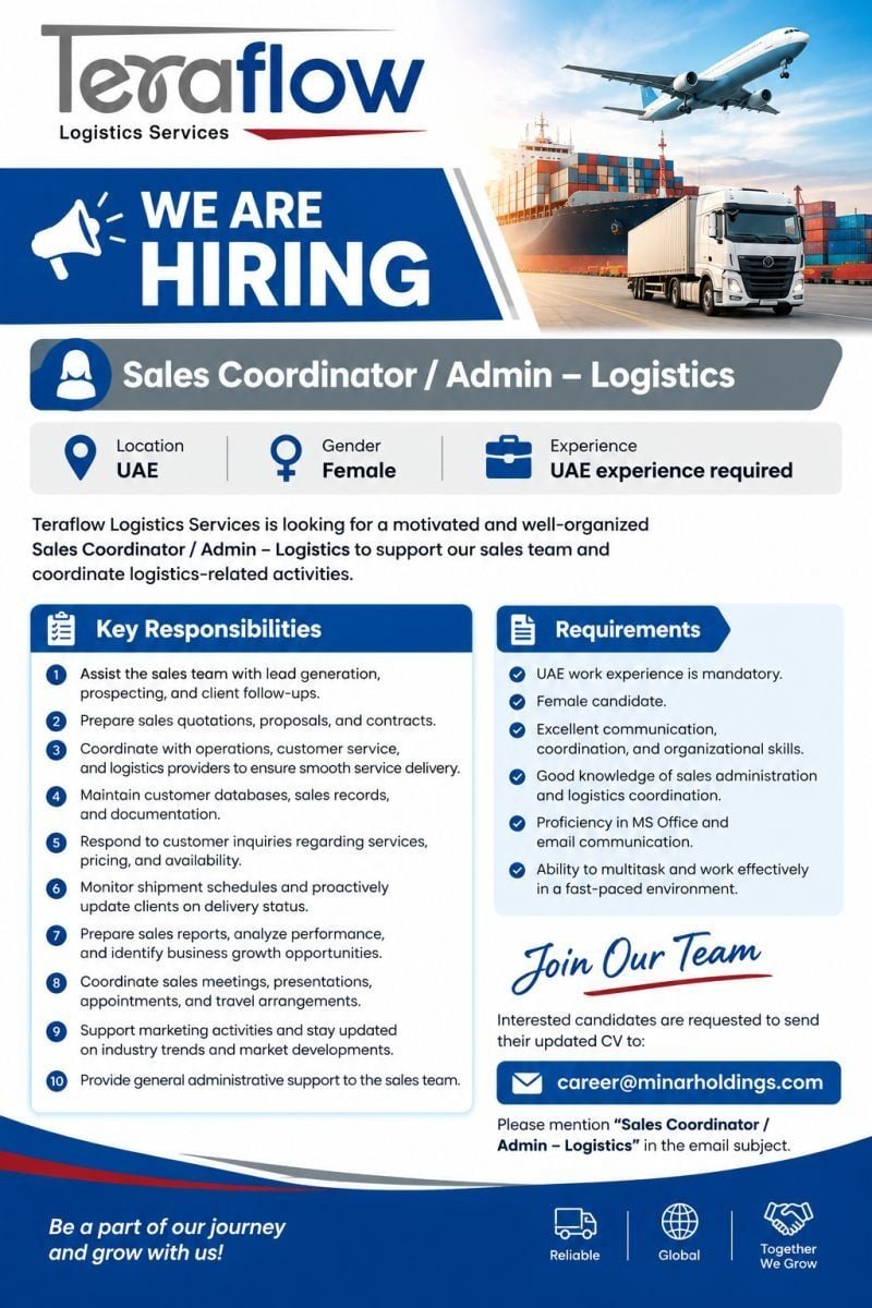 Sales Coordinator Admin Logistics job at Teraflow Logistics Services in UAE
