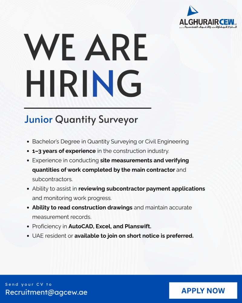 Junior Quantity Surveyor job at Al Ghurair Construction in Dubai