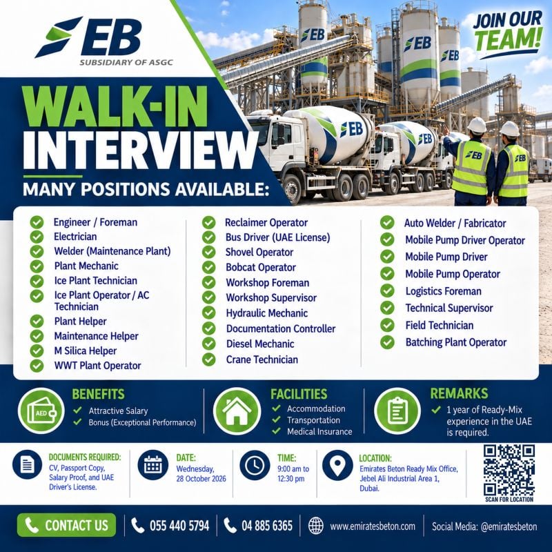 Engineer walk-in interview at Emirates Beton in Dubai