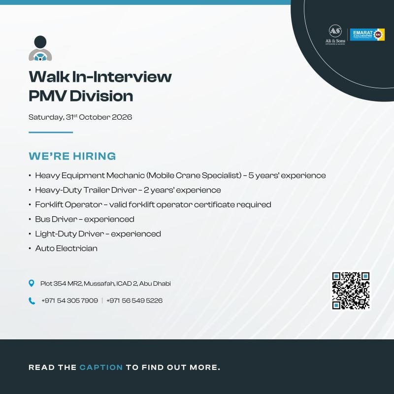 Mechanics and Drivers walk-in interview at Ali & Sons in Abu Dhabi