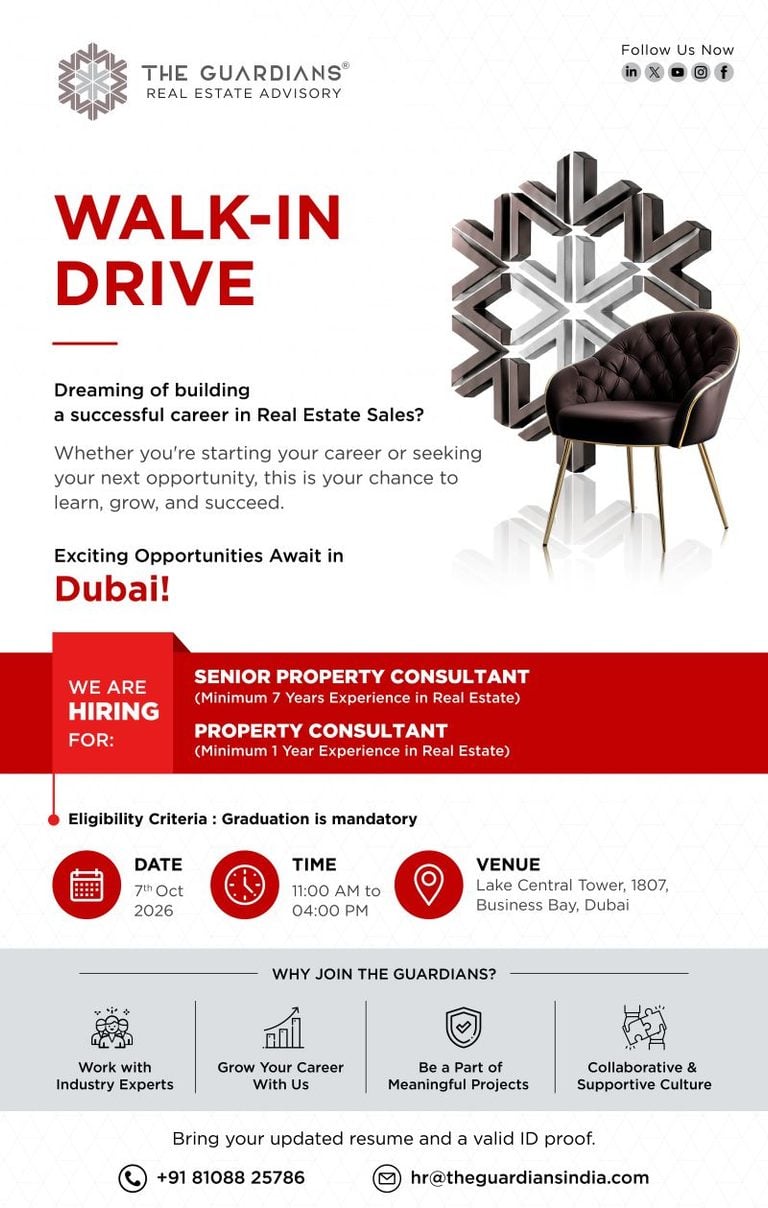 π Walk-In Interview - The Guardians Real Estate Advisory Hiring Property Consultants β Dubai - Walk-In Interview Flyer