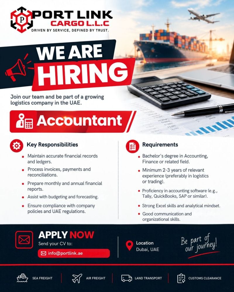 Port Link Cargo L.L.C Hiring Accountant – Dubai - Flyer