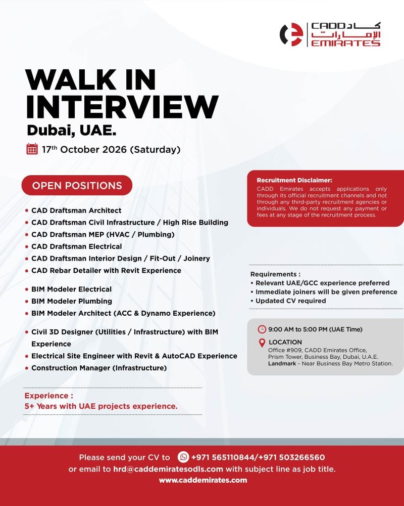 CAD Draftsman walk-in interview at CADD Emirates in Dubai