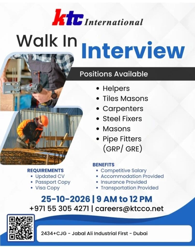 Construction Worker walk-in interview at KTC International in Dubai