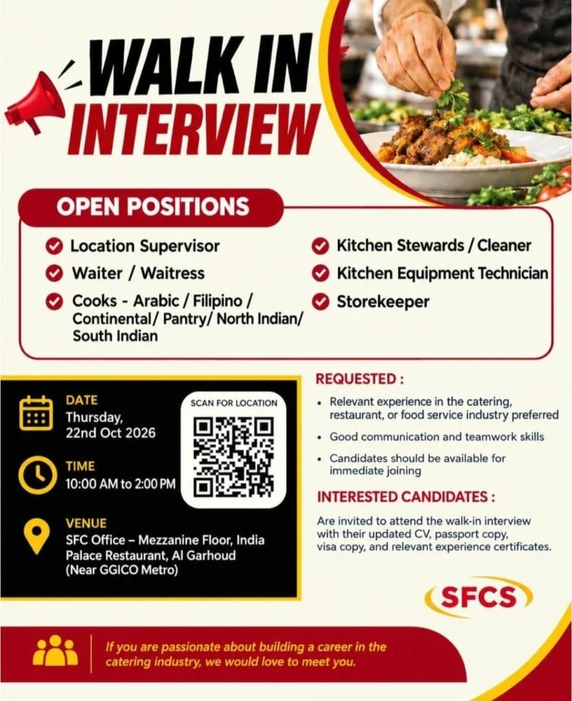 Kitchen Staff walk-in interview at SFCICS in Dubai