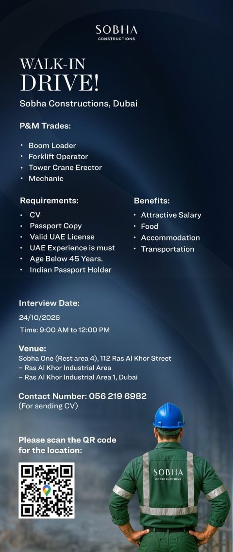 Boom Loader walk-in interview at Sobha Constructions in Dubai