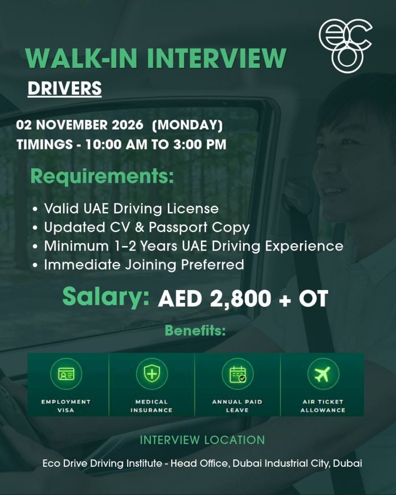 Driver walk-in interview at Eco Drive Driving Institute in Dubai Industrial City, Dubai