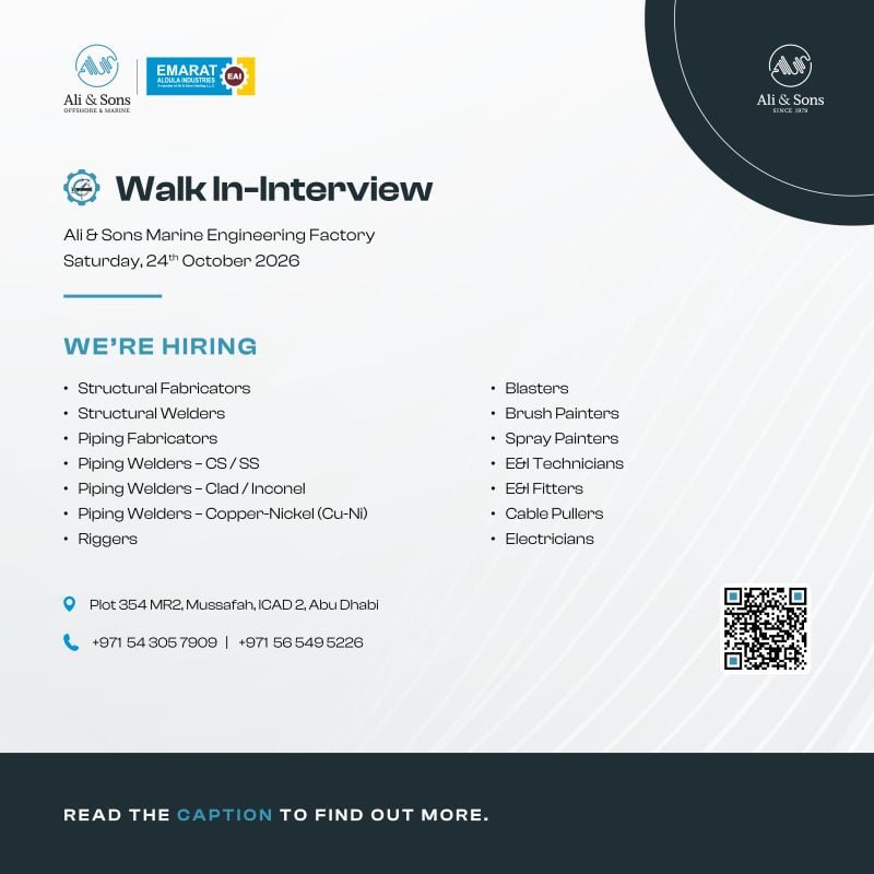 Technical Staff walk-in interview at Ali & Sons Marine Engineering Factory in Abu Dhabi