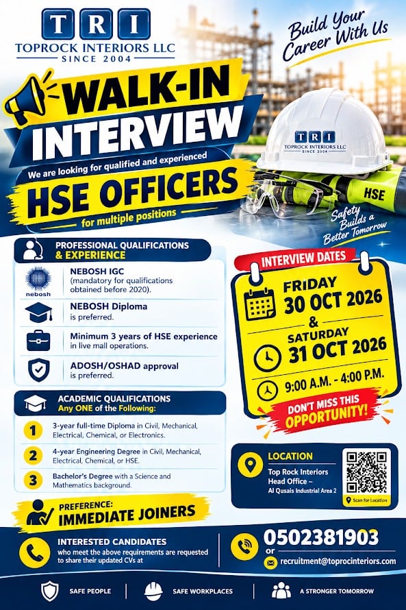 HSE Officer walk-in interview at TOPROCK INTERIORS LLC in Dubai