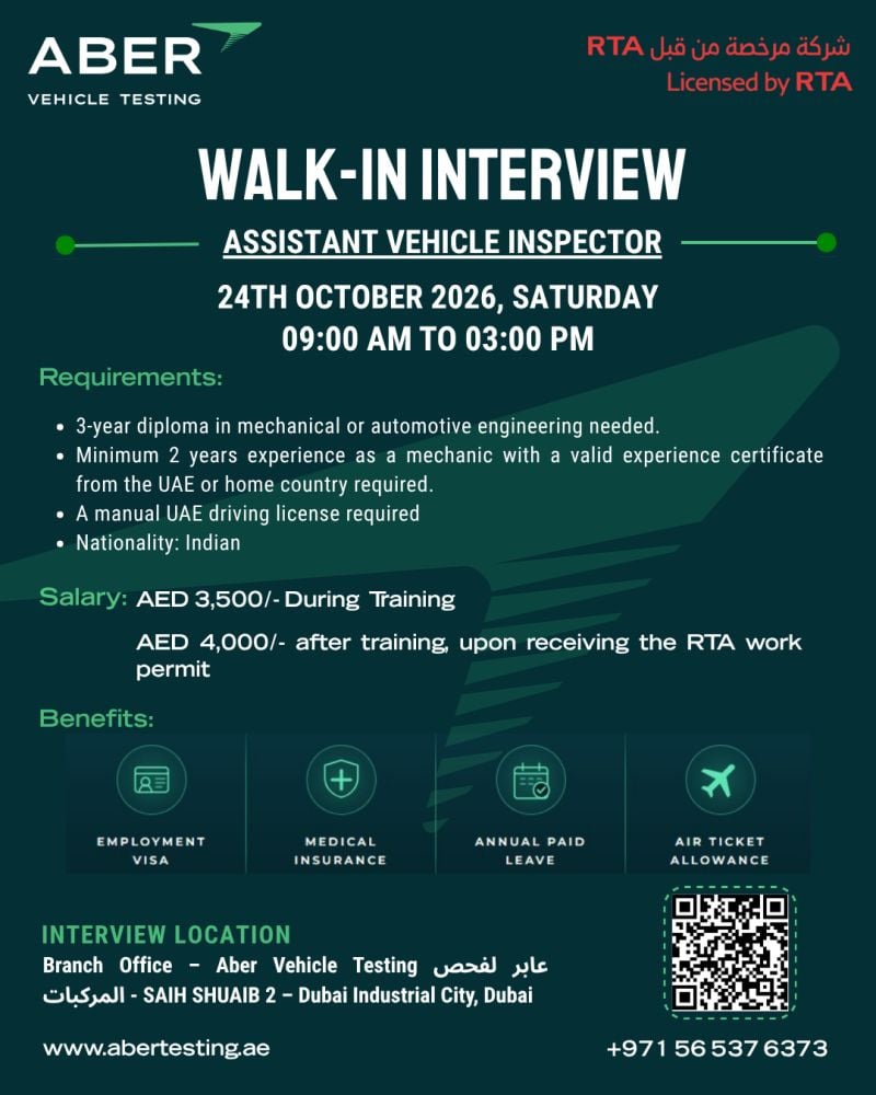 Assistant Vehicle Inspector walk-in interview at Aber Vehicle Testing in Dubai