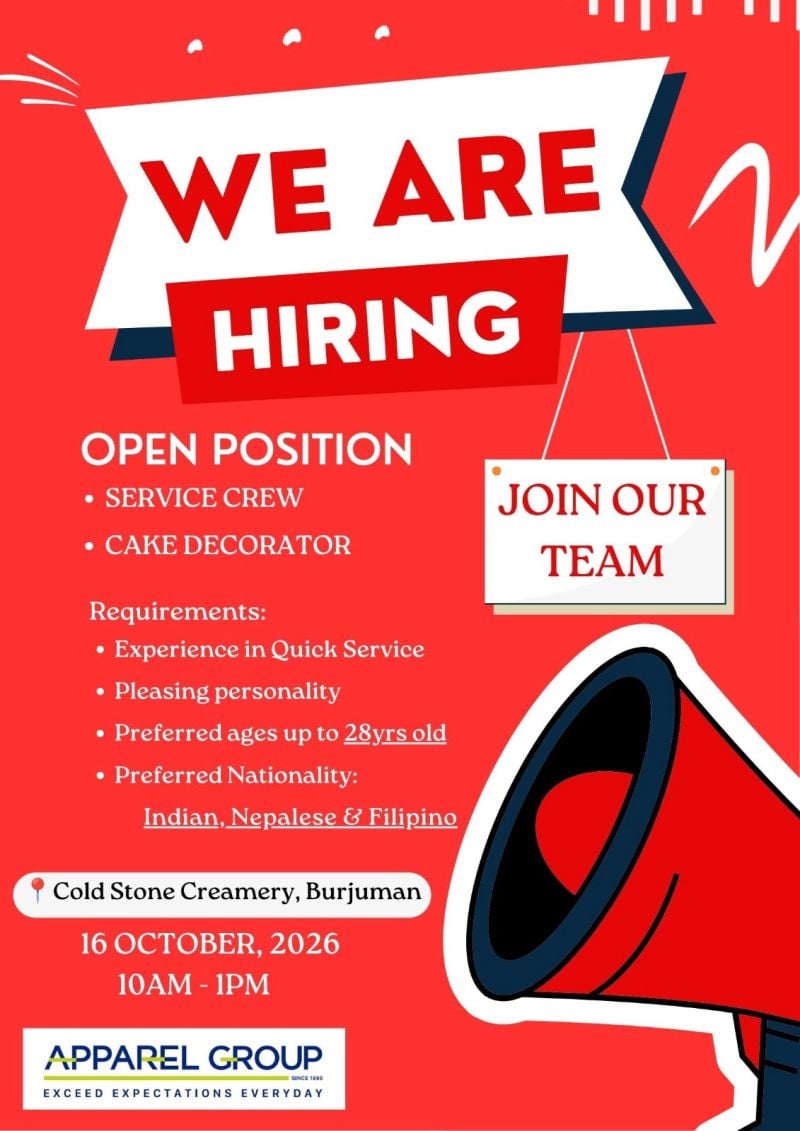 Service Crew and Cake Decorator walk-in interview at Apparel Group in Dubai