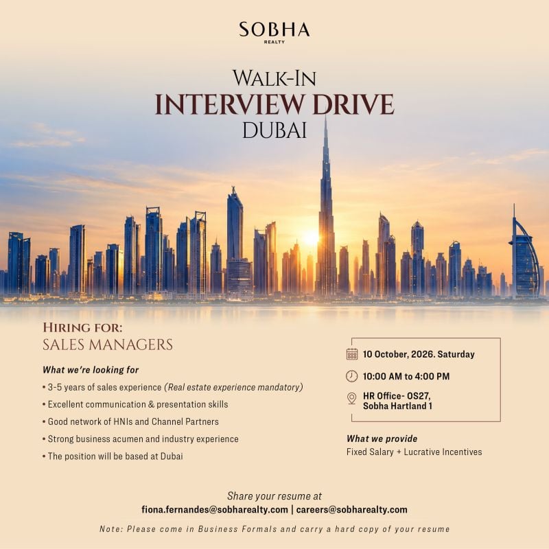 Walk-In Interview - Sobha Realty Hiring Sales Managers – Dubai - Walk-In Interview Flyer