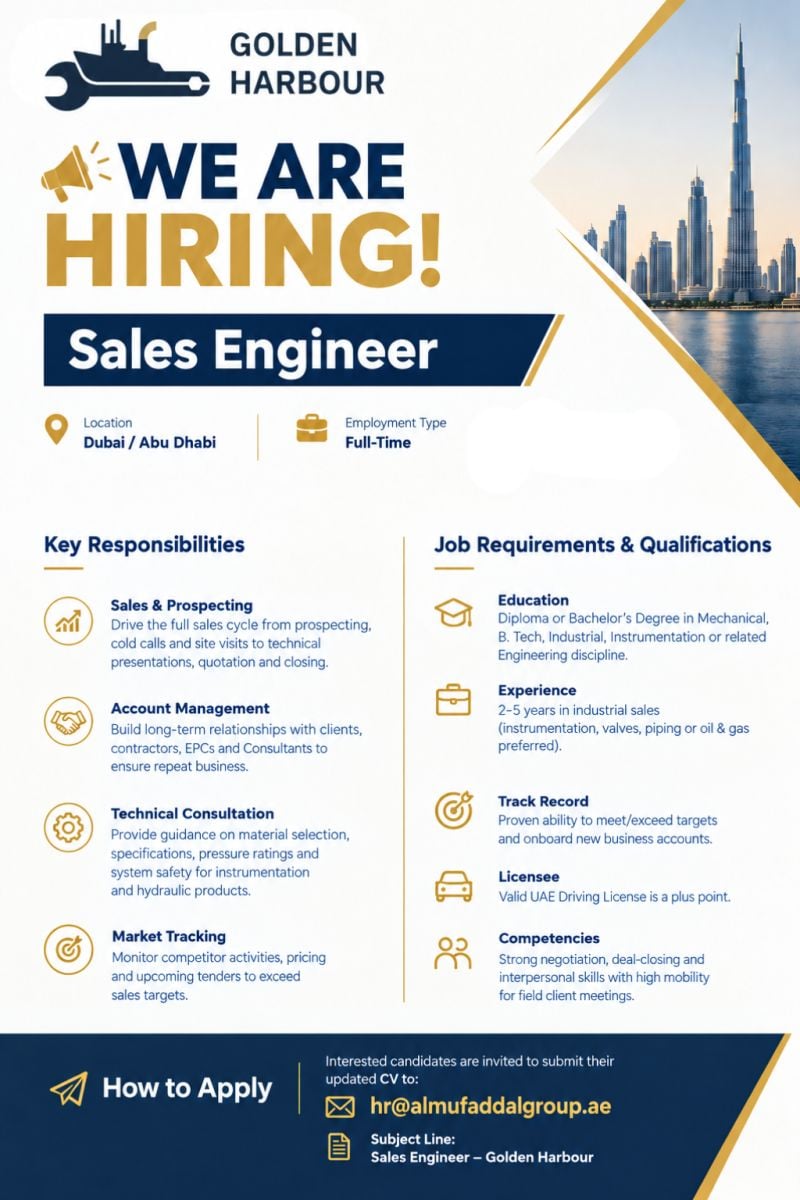 Sales Engineer job at Golden Harbour in Dubai / Abu Dhabi