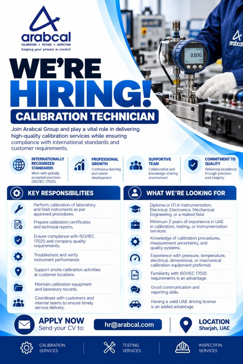 Calibration Technician job at Arabcal in Sharjah