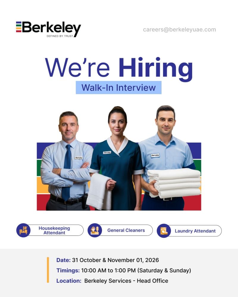 Housekeeping Attendant walk-in interview at Berkeley Services in Dubai