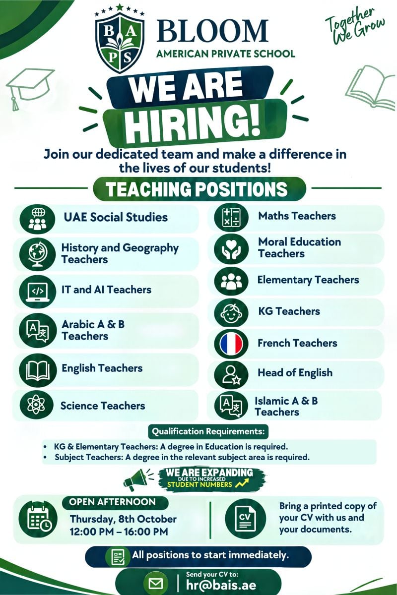 Walk-In Interview - Bloom American Private School Hiring Teachers – UAE - Walk-In Interview Flyer