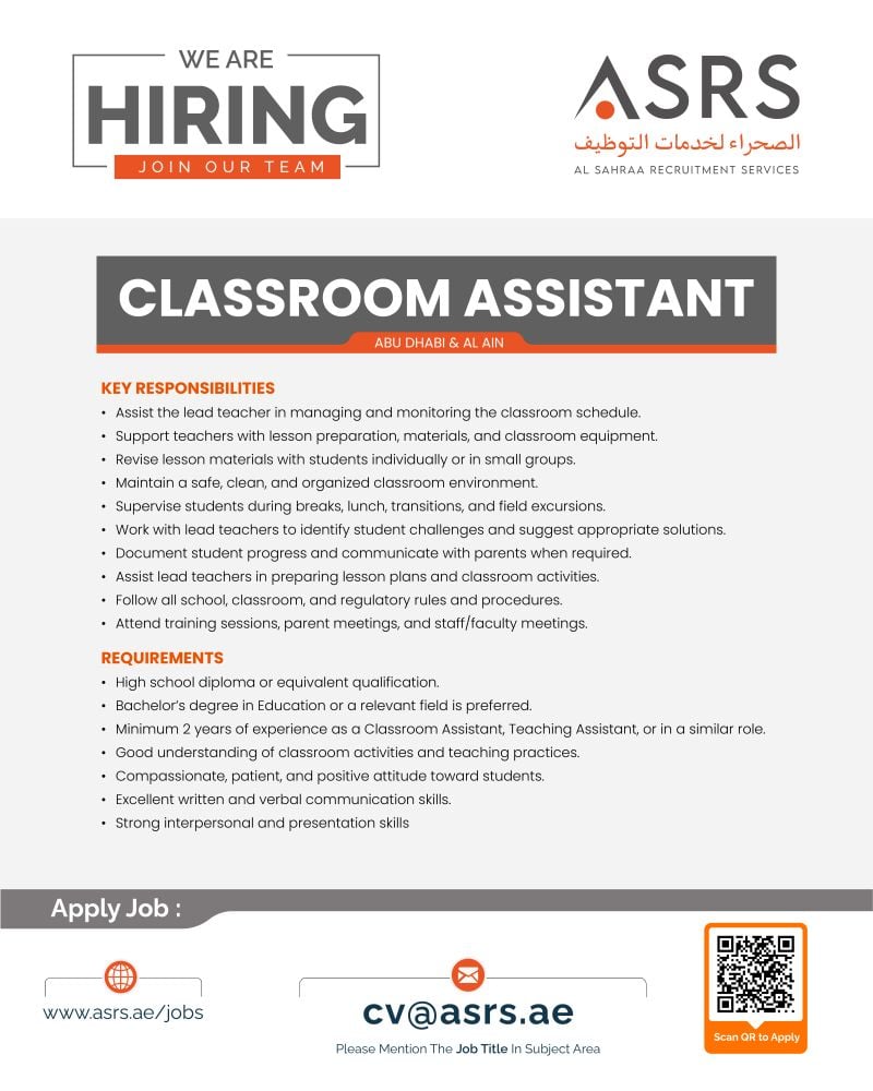 Classroom Assistant job at Al Sahraa Recruitment Services in Abu Dhabi & Al Ain