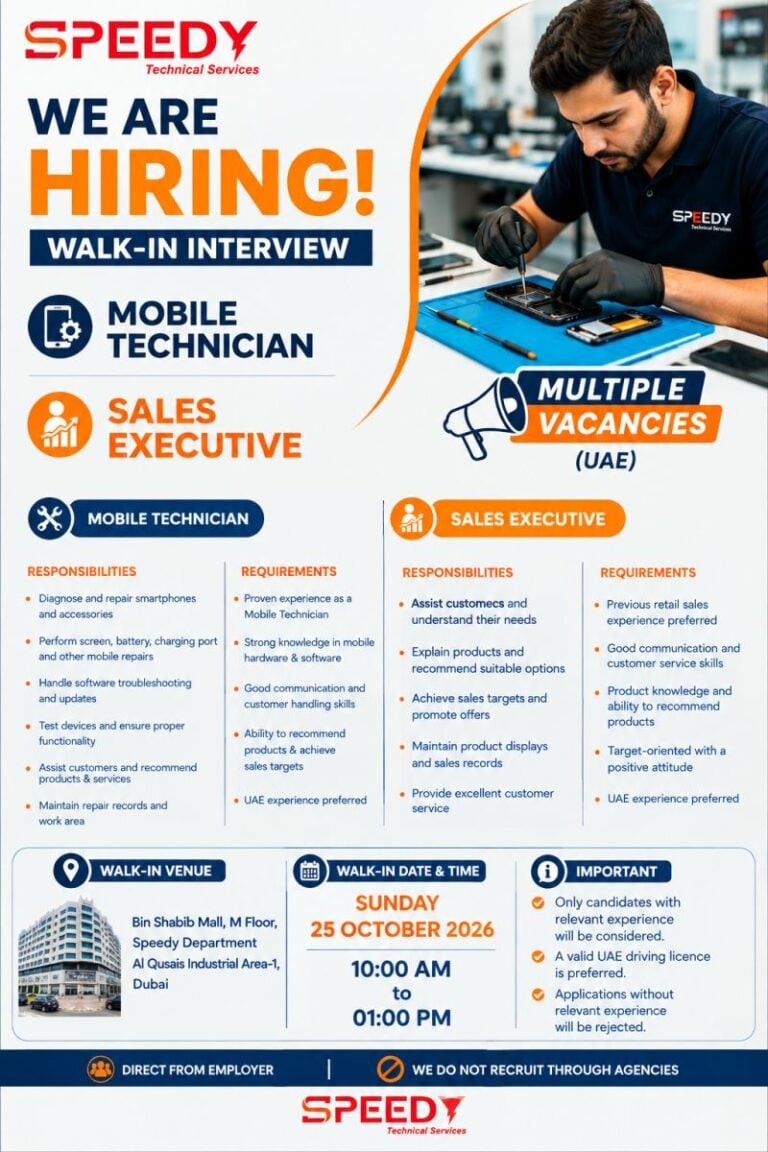 Mobile Technician and Sales Executive walk-in interview at Speedy Technical Services in Dubai