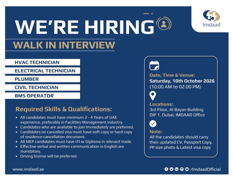 Walk-In Interview - Imdaad Hiring Technical & Operations Staff – Dubai - Walk-In Interview Flyer