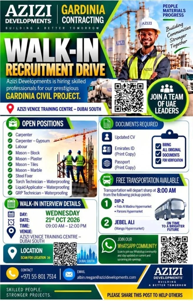 Carpenter walk-in interview at Azizi Developments in Dubai South