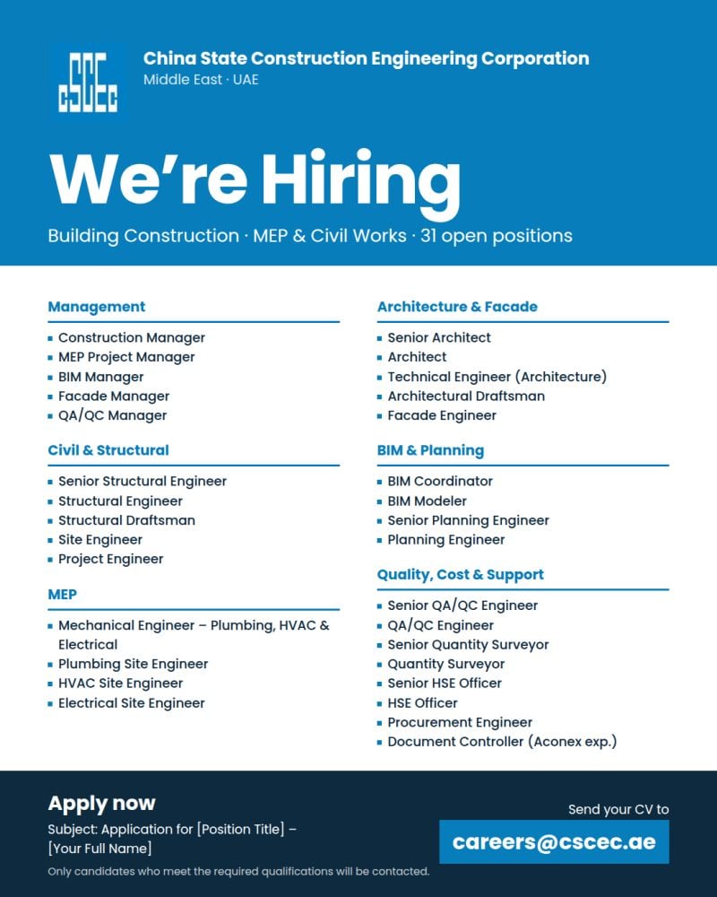 Engineering and Construction Professionals job at China State Construction Engineering Corporation in UAE