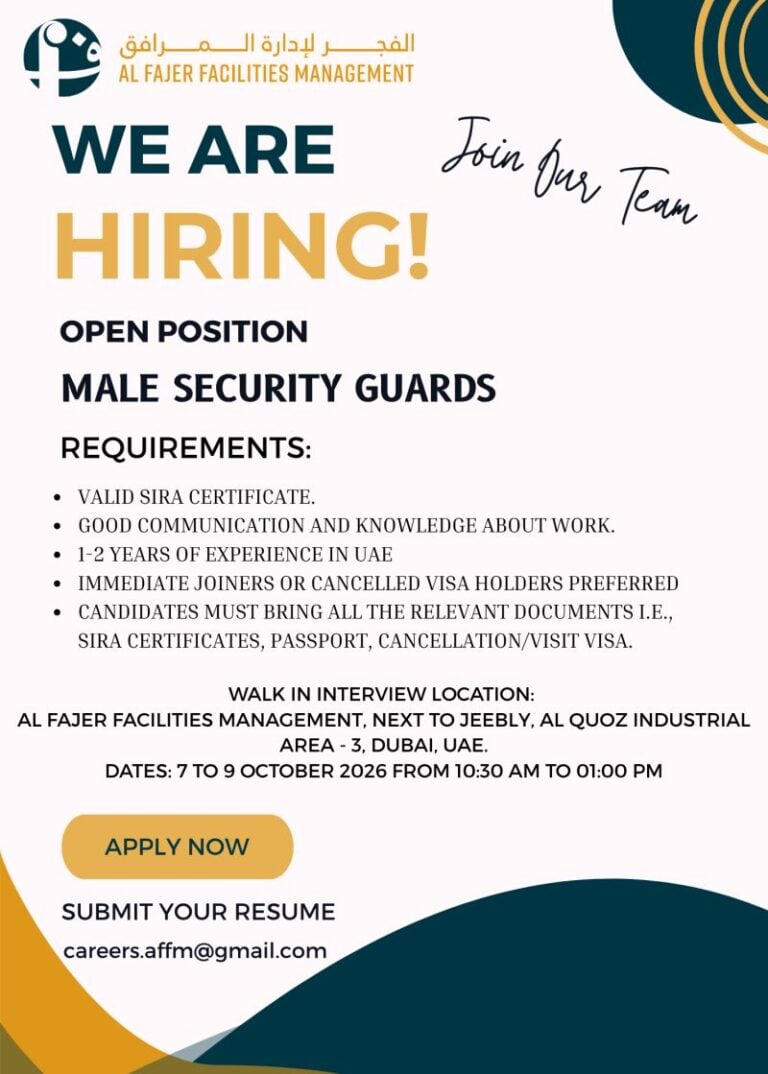 📍 Walk-In Interview - Al Fajer Facilities Management Hiring Security Guards – Dubai - Walk-In Interview Flyer