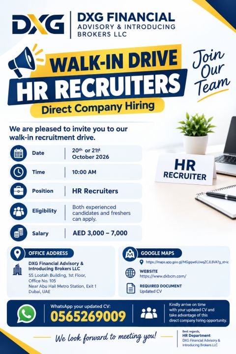HR Recruiter walk-in interview at DXG Financial Advisory & Introducing Brokers LLC in Dubai