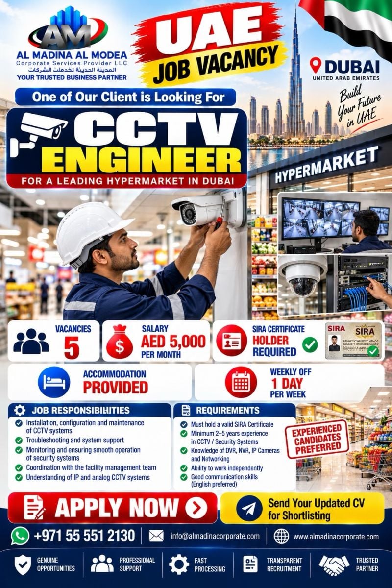 CCTV Engineer job at Al Madina Al Modea Corporate Services Provider LLC in Dubai, UAE