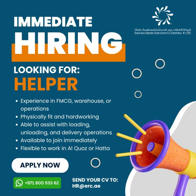 Helper job at Emirates Reem Investments Company P.J.S.C in Al Quoz or Hatta, UAE