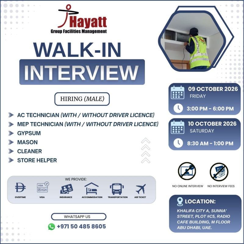 📍 Walk-In Interview - Hayatt Group Facilities Management Hiring Technicians and Helpers – Abu Dhabi - Walk-In Interview Flyer