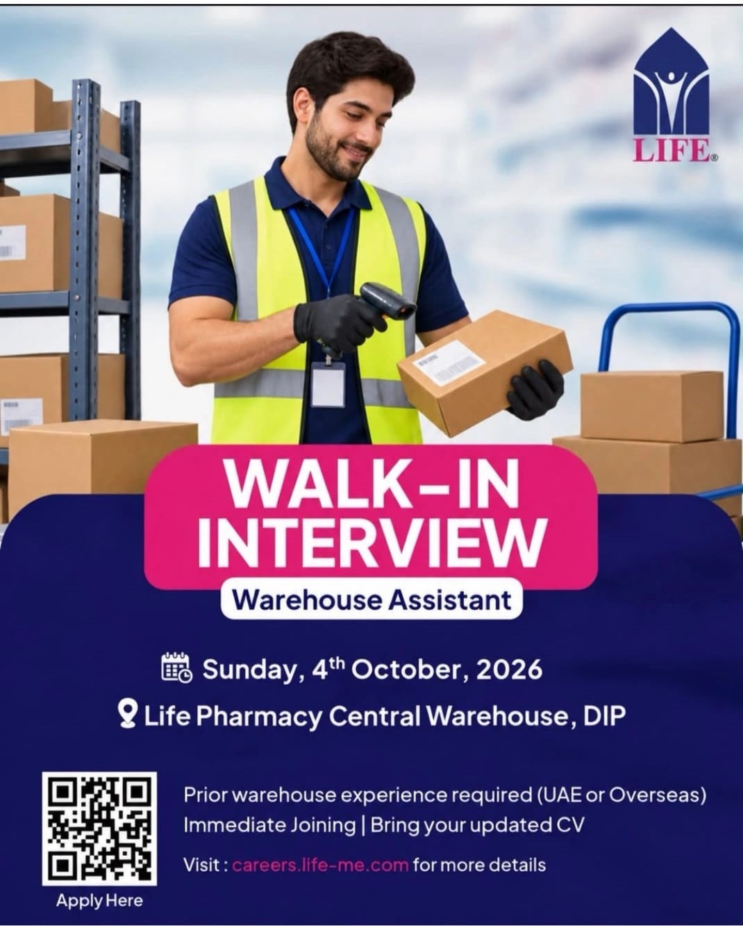 📍 Walk-In Interview - Life Pharmacy Hiring Warehouse Assistants – Dubai - Walk-In Interview Flyer