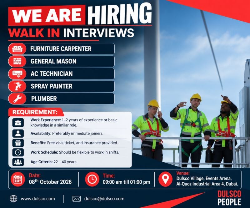 📍 Walk-In Interview - Dulsco Hiring AC Technicians and Carpenters – Dubai - Walk-In Interview Flyer