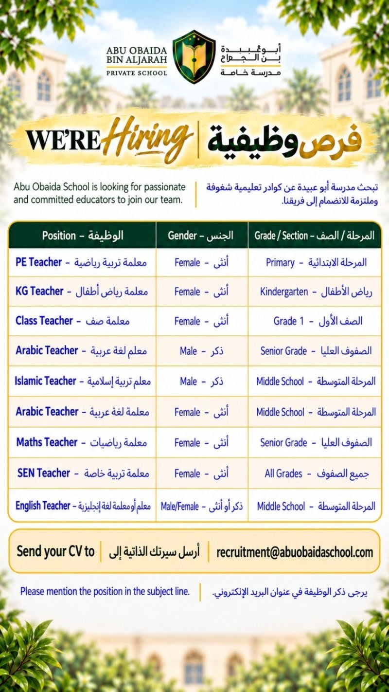 Abu Obaida Private School Hiring Multiple Teachers β Abu Dhabi - Flyer