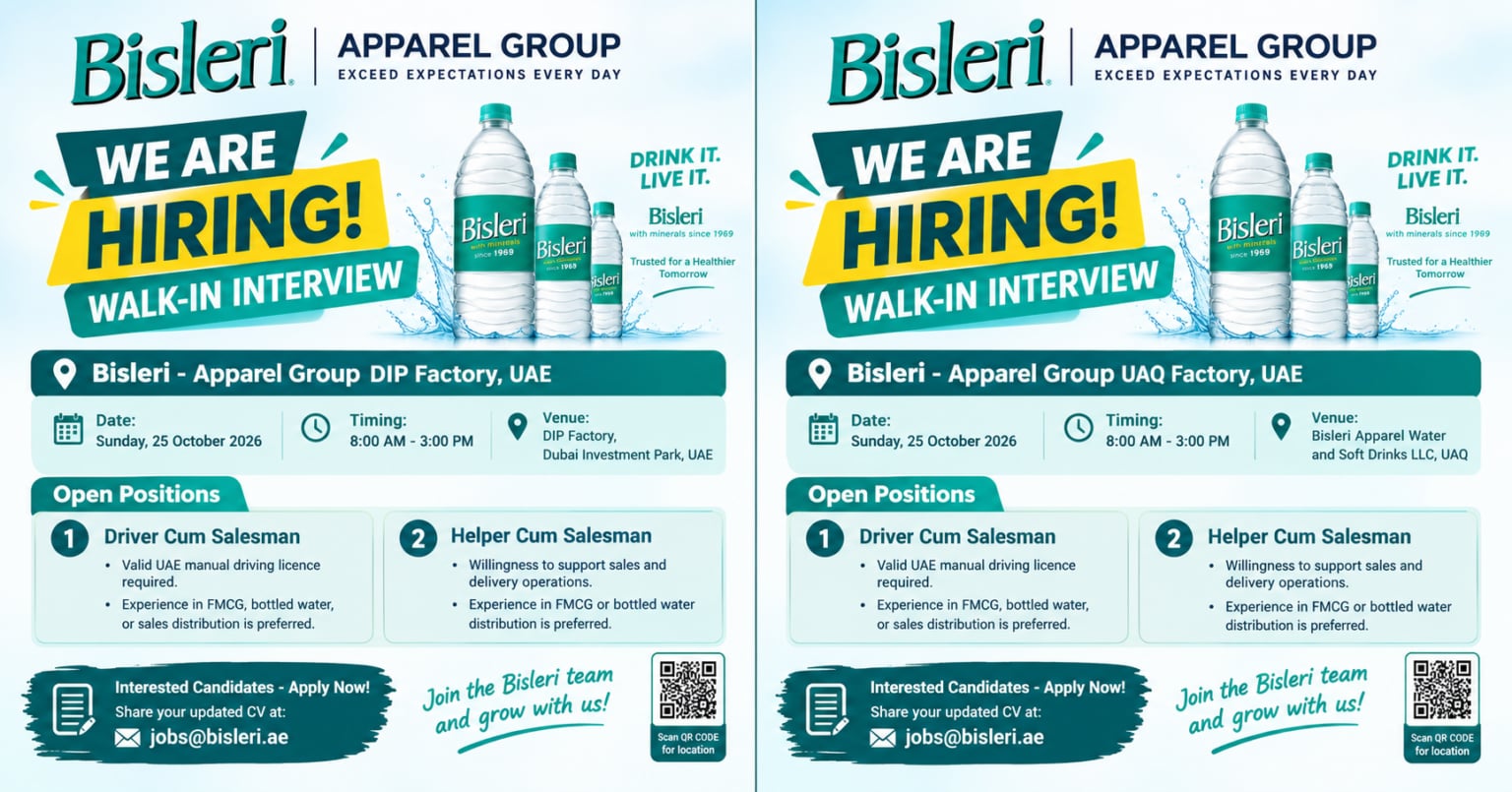 Driver Cum Salesman walk-in interview at Bisleri - Apparel Group in Dubai & UAQ