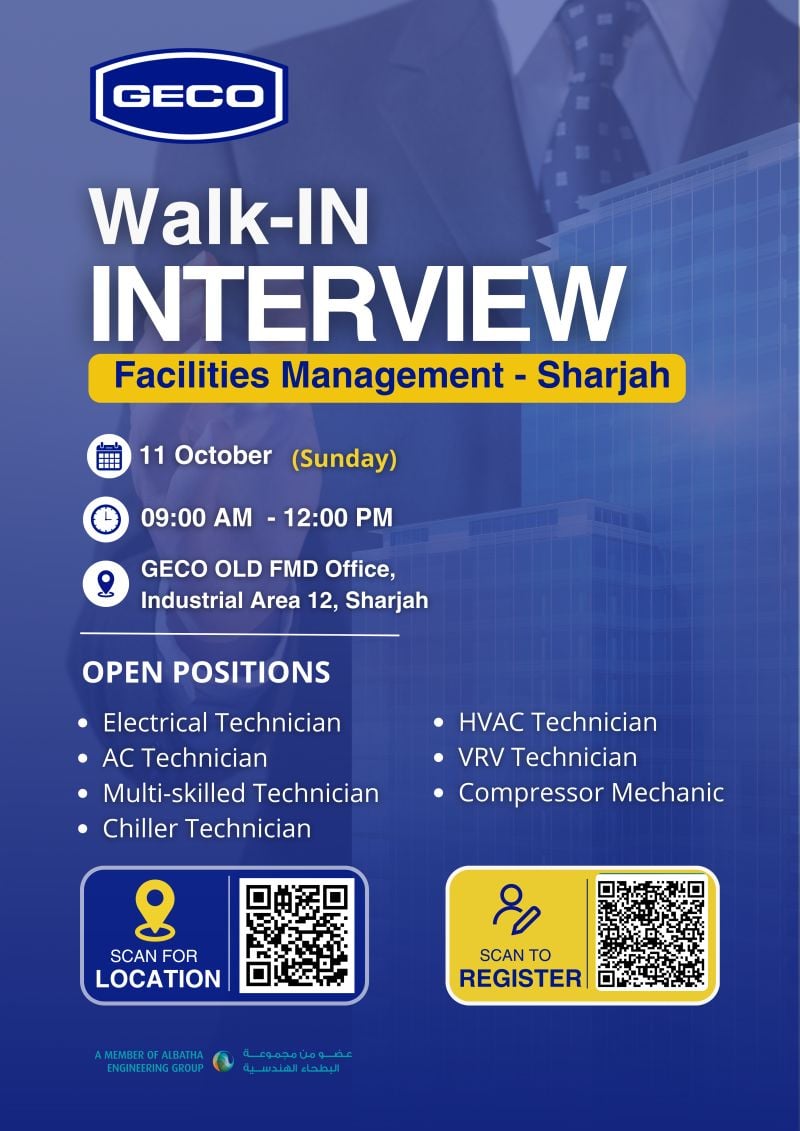 Walk-In Interview - GECO Hiring Technicians and Mechanics – Sharjah - Walk-In Interview Flyer