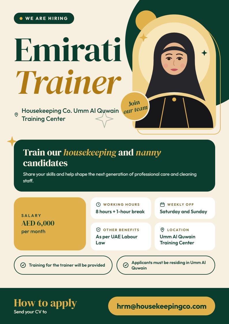 Emirati Trainer job at Housekeeping Co. in Umm Al Quwain