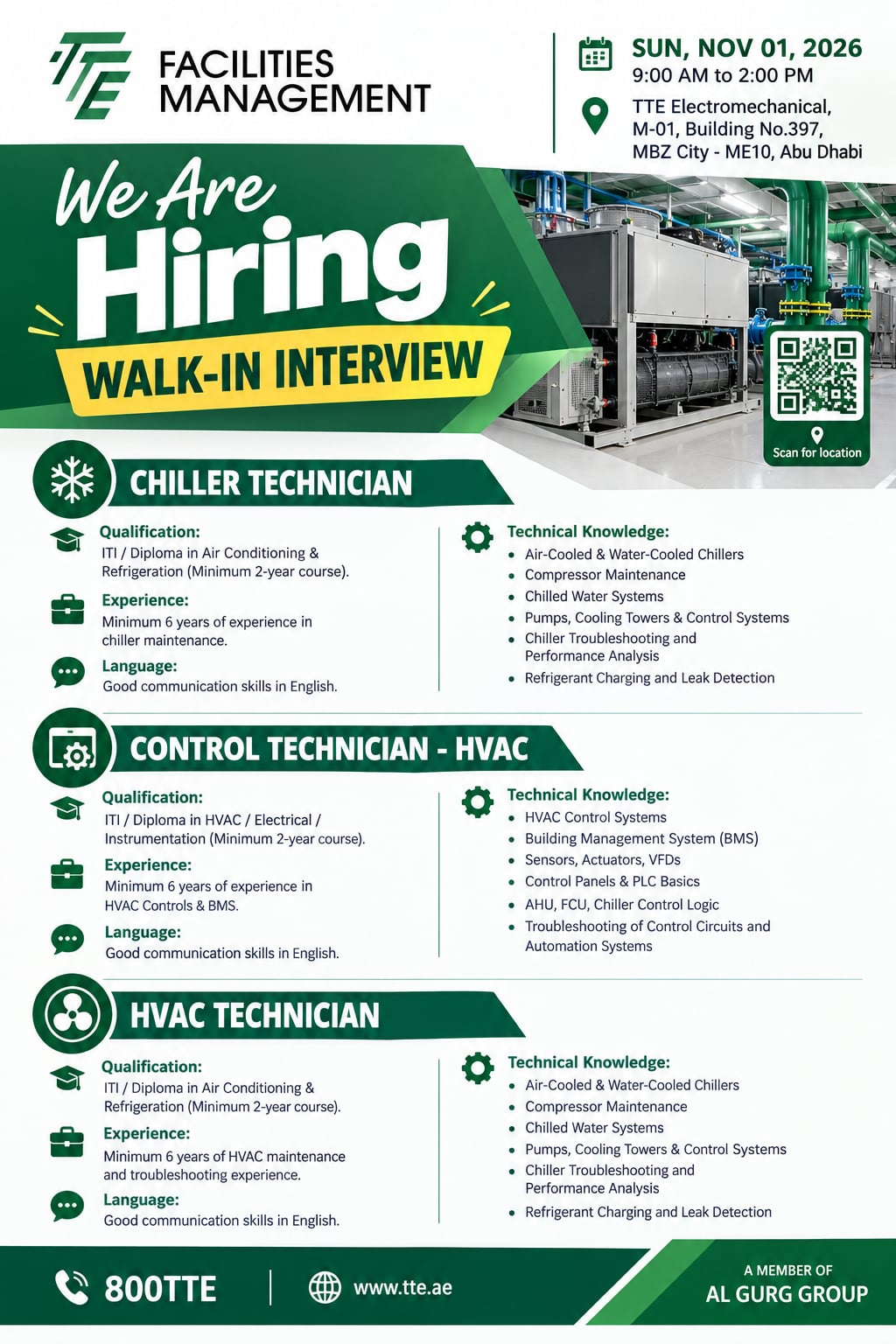 HVAC Technician walk-in interview at TTE Electromechanical in MBZ City, Abu Dhabi