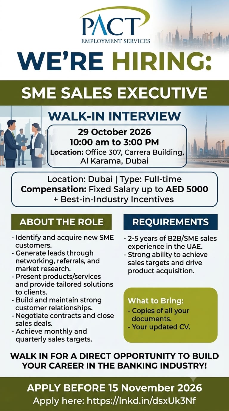 SME Sales Executive walk-in interview at Pact Employment Services in Dubai